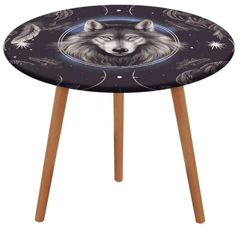 GHENBLT Runde Tischdecke mit Wölfen und Traumfängern, wasserdichte Tischdecke mit elastischen Kanten, waschbar, faltenfrei, Tischschutz, Stoff-Tischdecke für Esszimmer, Picknick, Terrasse, Party, 130