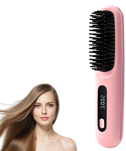 Numoya Go Brush Pro, SchnellheizbüRste Go Brush Pro Hair Numoya für Lockiges Haar, Kabellose HaargläTterbüRste Mit Temperaturanzeige, 3 Temperaturen, Tragbare GläTtungsbüRste für Unterwegs (Rosa)