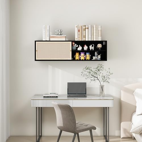 HAINEW Landhausstil Rattan Wandschrank Schweberegal Wandregal mit Schiebetüren, für Wohnzimmer, Küche, Arbeitszimmer, 110×40×31cm