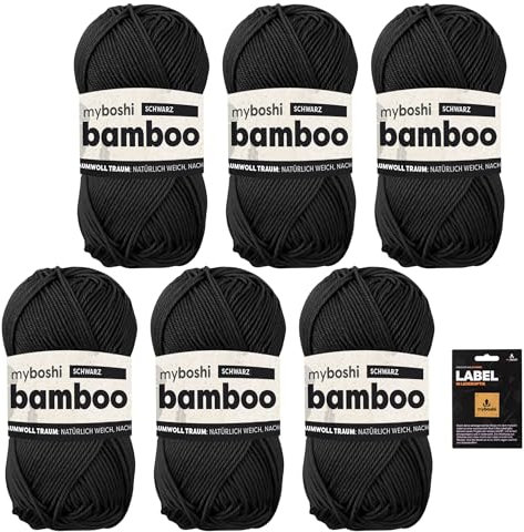 myboshi Bamboo, super weiches Bambus-Baumwollgarn, zum Häkeln und Stricken, strapazierfähig, für Bekleidung und Amigurumi, 60% Viskose, 40% Baumwolle, Schwarz (Schwarz) 6 Knäuel