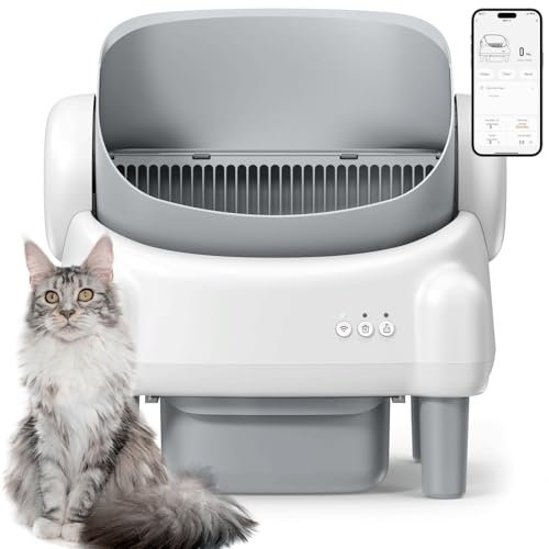 Automatische Katzentoilette mit Öffnung von Oben für mehrere Katzen mit App-Steuerung, Sicherheitssensor und 2 Katzenstreurollen, Weiß und Grau(MN-2)