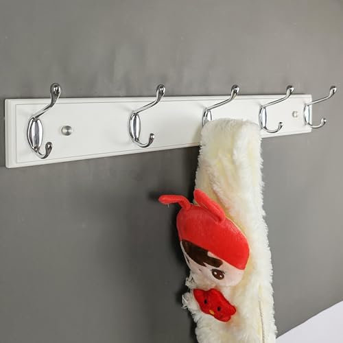 lomejii Porte-manteau mural bois blanc avec 5 crochets argentés, 55 cm longueur, patère mural pour manteau, chapeau, sac, grande portemanteau moderne pour entrée, couloir, chambre à coucher