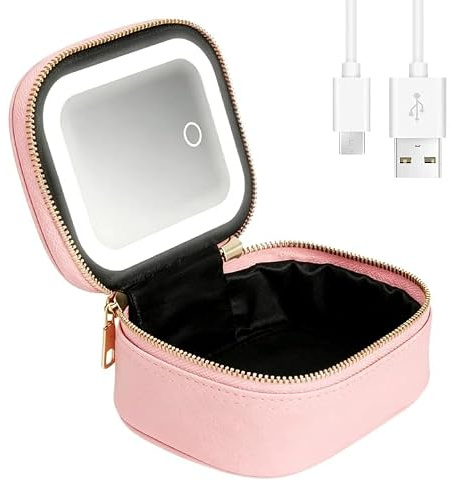 GOEDCH Petite trousse de toilette avec miroir et lumière : 3 modes de couleur à intensité variable Trousse de toilette de voyage avec miroir lumineux, rechargeable et imperméable en cuir PU Trousse de