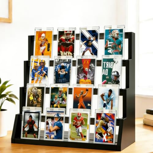 Dumenix Trading Card Display Stand 4-Tier, Wooden Card Shelf for Graded Cards Fits PSA BGS SGC Slabs & Magnetic Holders, Storage for Baseball Football Basketball Collection, Desk Display & Gift
