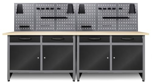 Ondis24 Werkstatt Set Werner 240 cm – 2 Werkbänke (Arbeitshöhe 85 cm), 6 Lochwände gesamt 243 cm, 28 mm Buchenholz-Arbeitsplatte, Schubladen & Schrankteile – Werkstatteinrichtung für Heimwerker
