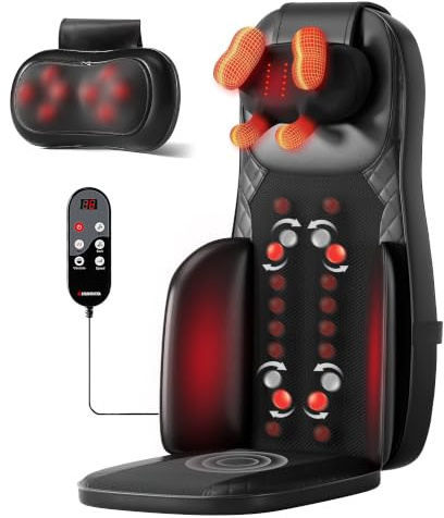 Himouta Shiatsu Massagesitzauflage mit Wärme, Rückenmassagegerät für Stühle | 2 Nacken-Wechselköpfe, Knet- Roll- & Vibrationsmassage, Massageauflage für Nacken Schulter Rücken, Geschenk für Männer Frauen