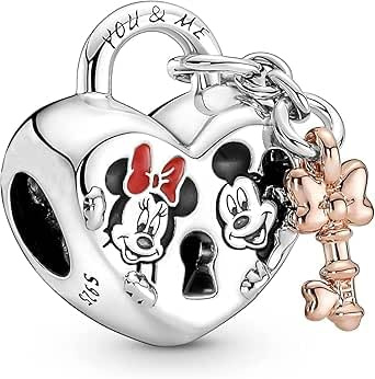Beads R Us ® - Mickey & Minnie Mouse Padlock Charm in Solid Sterling Silver S925 You and Me The Perfect Pair, Compatible with all European style Charm Bracelets and Necklaces.