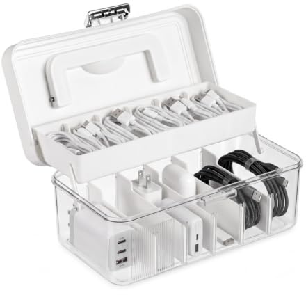 FERNVALE Cable Management Box Dual Layer Charger Storage Box with Lid Large Data Tidy Cord Organizer Box for Desk Home Office Dustproof Wire Organiser for Power Strip Adapters USB Cables White