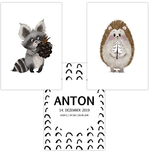 Olgs Wandbilder 3er Set personalisiert für Babyzimmer Deko | Kunstdruck DIN A4 | Dekoration Kinderzimmer Poster mit Namen (WP08-3er Set Igel Waschbär)