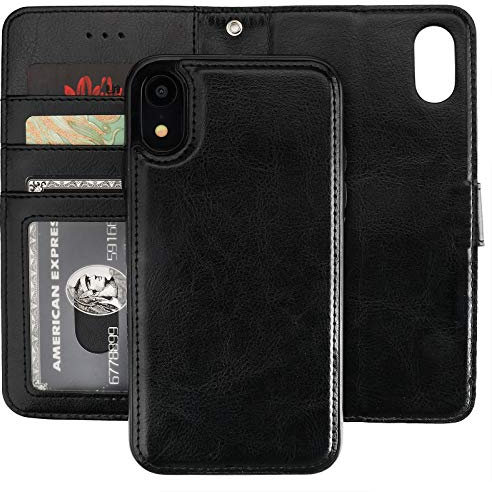 Bocasal iPhone Xr Wallet Case with Card Holder PU Leather Magnetic Detachable Kickstand Shockproof Wrist Strap Removable Flip Cover for iPhone Xr 6.1 inch (Black)