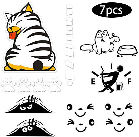 Aufkleber Auto, reflektierende Katze, die Heck-Fensteraufkleber bewegt, die Motorhaube-Aufkleber der niedlichen Autospiegel-klebenden Aufkleber spähen Lustige Tankdeckel-Aufkleber (7Pcs)