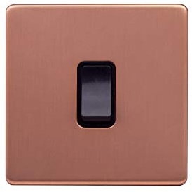 Lieber Brushed Copper 20A 1 Gang Double Pole Light Switch - Black Insert Screwless