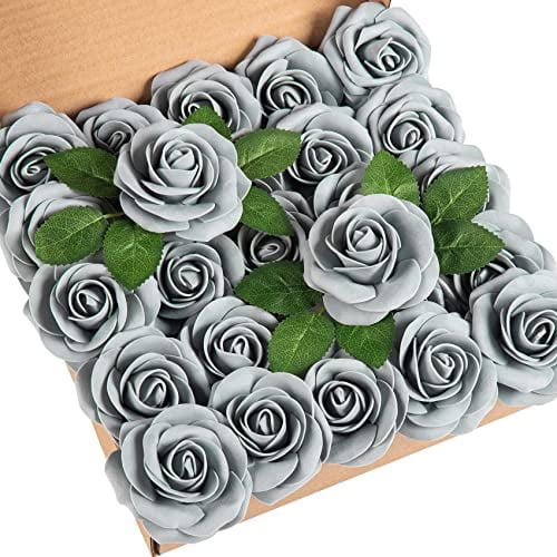 DuHouse Künstliche Rosen Blumen Fake Schaumstoff Rosen Köpfe mit Stiel Künstliche Blumen Rose für Hochzeit Home Party Baby Dusche Valentinstag Deko(25 Stück,grau)