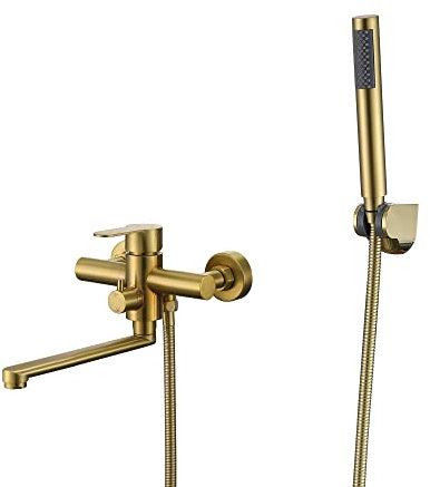 HomeLava Badewannenarmatur Badewanne Armatur Wandmontage Wasserhahn Wannenarmatur mit Brause Edelstahl gebürstet Mischbatterie Auslauf 23cm mit Duschkopf Schlauch und Halterung, Gebürstetes Gold