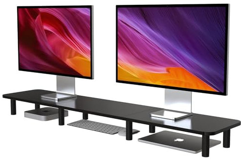 WEGASTU Dual Monitor Stand Riser 43.7 in，Large TV Stand for 2 Monitors Wood & Steel Leg Desktop Riser Desk Organization Home Office (Dark Black)