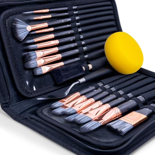 Transon Art Paint Brush Kit 16 Paint Brushes with Foam Brush Sponge Spatula and Art Case for Oil, Acrylic, Watercolor, Gouache, Painting Black Colour
