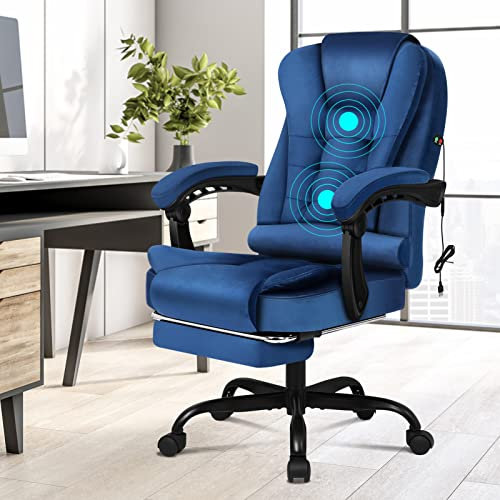ELFORDSON 2-Point Massage Office Chair for Home Office, Desk Chair 77 cm High Back 150° Recliner Tilt Function Padded Swivel, Velvet Blue