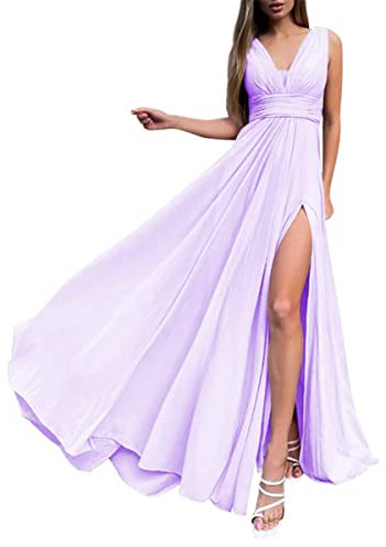 WSEYU Vestidos de invitados con cuello en V para jóvenes, sin mangas, de gasa, acampanados, tirantes delgados, vestido formal de graduación 2023, Lila, 36