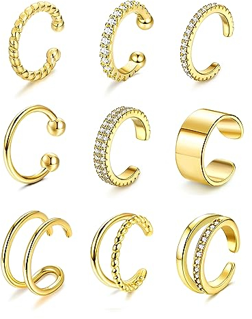 Morfetto 9 pièces Boucles d'oreilles Manchette d'Oreille En Or Non Piercing Faux Cartilage Boucles d'Oreilles Manchettes En Argent pour Femmes Or