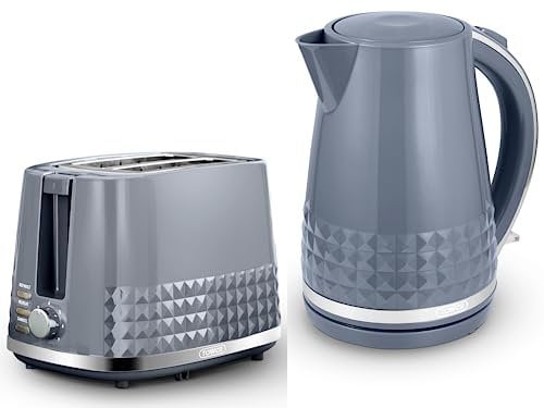 Tower Solitaire Grey 1.5L 3KW Jug Kettle & 2 Slice Toaster. Matching Modern Design Kettle & Toaster Set in Grey with Chrome Accents
