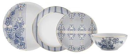 Kütahya - Vajilla de porcelana para 4 personas, 16 piezas, color azul y blanco con borde dorado, platos para servir, cuencos de sopa, platos de postre, diseño elegante