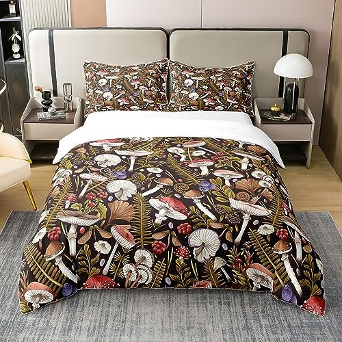 richhome 155x220 Bettbezug Set Pilz 100% Reine Baumwolle Bettwäsche Set Trippy Rustikale Wilde botanische Palmen Blätter Tröster Bezug Natur Burgunder Pflanze Quilt Cover