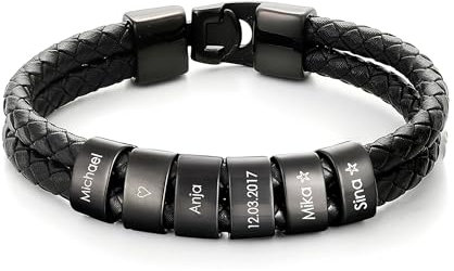 bijuuu Lederarmband Herren – Echtleder Armband mit Namen – Flechtarmband aus Leder inklusive Gravur – Namensarmband personalisiert – Geschenke für Männer – Edelstahl – Black Beads (5 Ringe)