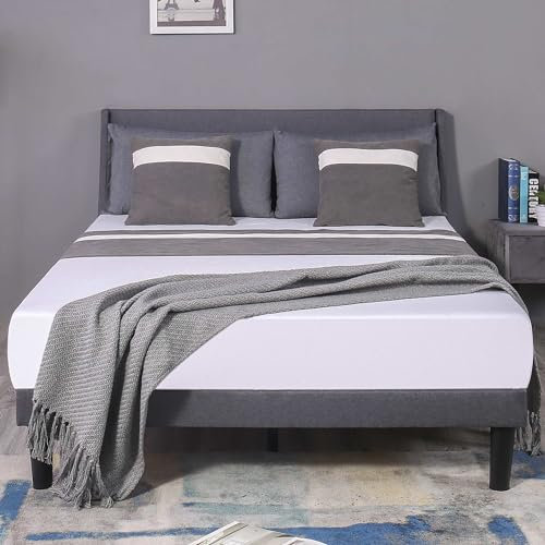 Aptliton Double Bed Frame, Soft Linen Gray 4FT6 Upholstered Bed with Winged Headboard, Wood Slat Support