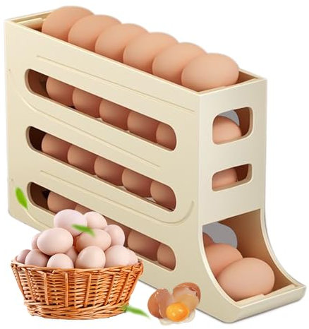 Eierhalter für Kühlschrank, 4 Etagen Automatisch Rollender Eierbehälter für Kühlschrank, Große Kapazität, Eierhalter für 30 Eier, Kühlschrank Organizer für Eieraufbewahrung (Beige)
