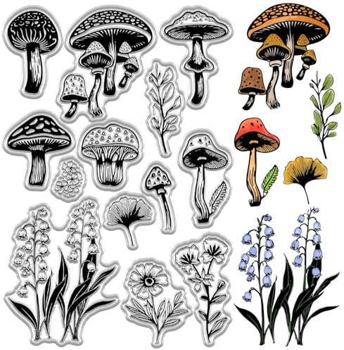 craspire Pilz Klare Silikonstempel Pflanze Blume Wiederverwendbare Vintage Transparente Gummisiegelstempel Für DIY Scrapbooking Journaling Kartenherstellung Dekor Fotoalbum Dekorativ