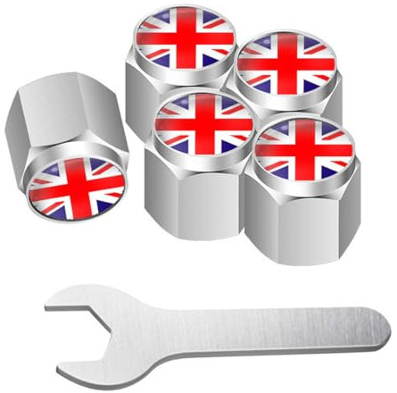 WMUVAZA Britische Flagge Mini Ventilkappe Metall Gasdüsenkappe, 5 Stück, Universelle Passform, Kupfer und Kunststoff, PKW, LKW, Motorrad, Fahrrad, Reifenventilkappe