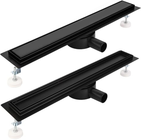 Kasloglow Duschrinne 110 cm Komplettset Schwarz, befliesbar, Edelstahl | 2 Paar Montagefüße: Einbauhöhe 72–88 oder 96–128 mm; 360° drehbarer Siphon, Haarsieb und Geruchsverschluss