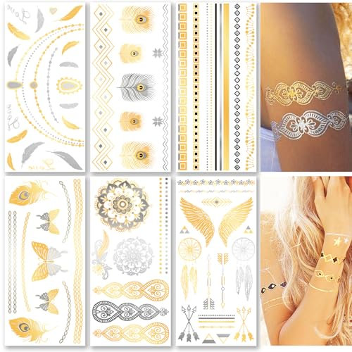 Sugeru Feuilles Tatouage Ephemere Métalliques Brillants,Tatouage Ephemere Femme,Festival Accessoire,Autocollant de Tatouage Temporaire de Dentelle d’or,Tatouage Ephemere Doré
