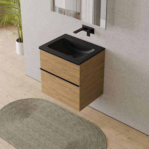 Bernstein Badmöbel-Set Lavoa, Waschtisch-Unterschrank mit Waschbecken 80cm in Eiche - Cream - Schwarz matt ohne Hahnloch - 2 Schubladen, Griffe in Schwarz, 5 Jahre Garantie