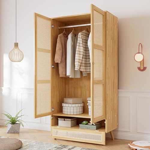 soges Armoire Multi-Usages Penderie Moderne avec Portes en Rotin et Tringle à Vêtements pour Chambre à Coucher