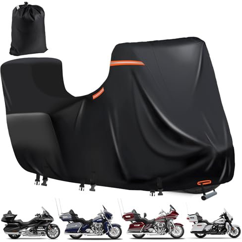 Motorradplane Wasserdicht mit Side+Top Box,600D Motoradabdeckhaube,5 Reflektierende Streifen,2 öFfnung zur BelüFtung,Motorrad Abdeckplane Outdoor für Harley Davidson Touring Modelle (300x111x142cm)