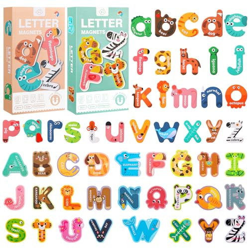 Magnetic Letters,Uppercase Letters with Adorable Zoo Animal Alphabet ABC Fridge Magnets Educational Spelling Learning Games Toys Set for Kids,Toddlers 3 4 5 Years Old