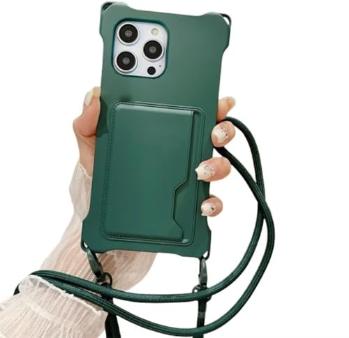 SEHEYA Crossbody Lanyard Case for iPhone 13 Mini Liquid Silicone Cover with Card Holder Soft Flexible Shockproof TPU Phone Shell Adjustable Necklace Cord Strap, Dark Green