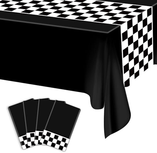 Kunststoff-Tischdecken, Rennwagen, kariert, Rennwagen, Partyzubehör, Rennstrecke, rechteckig, Tischdecke für Kinder, Jungen, Geburtstag, Rennwagen, Motto-Party, 220 x 130 cm, 4 Stück (Schwarz)