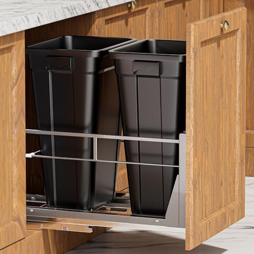 YJHome Pull Out Trash Can Under Cabinet with 2 * 10Gal Garbage, Cabinet Trash Can Pull Out Kit with Soft-Close Slides, Under Sink Trash Can with Door Mounting Kit for Minimum Opening 18 W