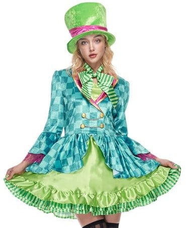 EraSpooky Erwachsene Frauen Hutmacher Kostüm Mad Tea Party Halloween Cosplay mit Bowtie Zylinder Size L