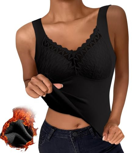 Camiseta Interior térmica para Mujer sin Mangas de Encaje sin Mangas de Invierno Cuello de Pico Camiseta de Forro Polar Sin Mangas para Invierno Cuello en V Camisola con Forro Cálido