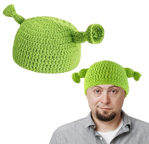 Hifot Grün Lustige Mützen mit Ohren Unisex Handgestrickte Warm Durable Beanie Lustige Kopfbedeckung Oger-Kostüm Kappe Accessoire Cosplay für Frauen Männer Halloween Karneval