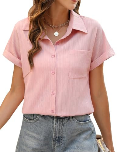 PASUDA Chemise Femme Haut Été Blouse Femme Chic et Élégant Manches Courtes Col en V Chemisier Tunique Tops avec Boutons Haut Décontractés T-Shirts D'été Ample Couleur Unie (Rose, M)