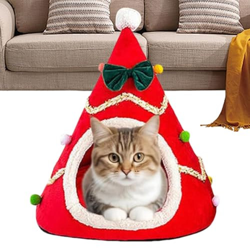Weihnachtsbaum-Katzenhöhle, Weihnachtsbaum-Katzenhaus - Plüsch-Katzenhöhle - Weihnachts-Katzenbett, halbgeschlossene Höhle, Winter-Schlafnest für Katzen und Hunde