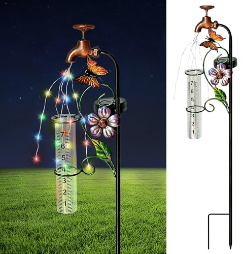 YNGFIL Dekorativer Regenmesser Gartenstecker mit Schmetterlings- und Blumen-Design, Kupferhahn-Stil, Metall-Gartendekoration