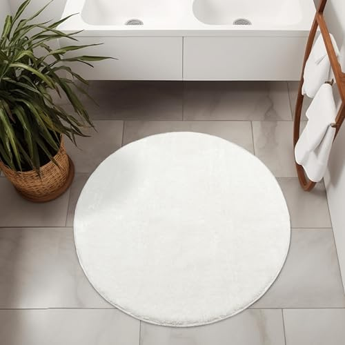AKCILA Malmo Weiß Teppich mit Glanz Runden 67 cm Shaggy Badematten & Badteppiche Badezimmerteppich Bad Vorleger waschbar rutschfest Bathroom Rug dusche Teppich Badmatten Schlafzimmerteppich