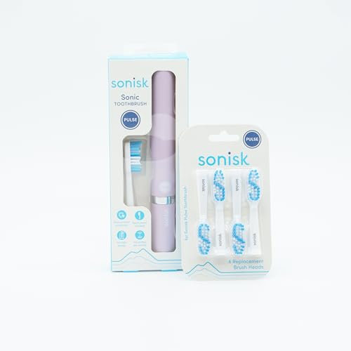 Sonisk Pulse Spazzolino elettrico con 4 testine di ricambio, tecnologia Sonic alimentata a batteria, 31.000 colpi al minuto, setole antimicrobiche, dimensioni da viaggio con custodia e batteria (lilla