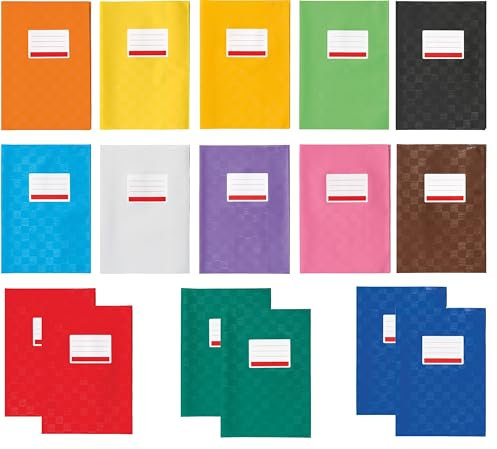Hefthülle Heftumschlag für Schulhefte Notizbücher Kladden uvm - geprägt mit Baststruktur mit Namensschild, blickdicht (Sortiert, A5 | 16er Pack)