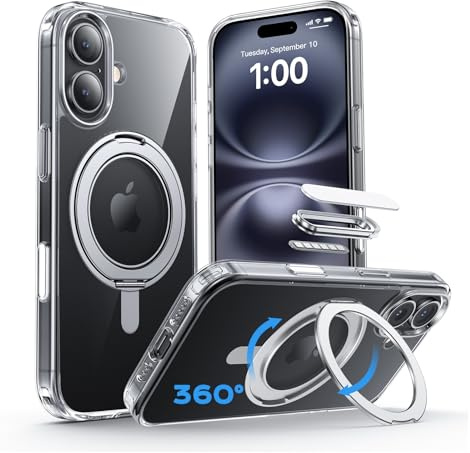 MAGIC JOHN für iPhone 16 Hülle [Kompatibel mit Magnetic] mit 360° Magnetständer Handyhülle iPhone 16 Case Fallschutz mit Stoßdämpfung, Kratzfest, Stoßfest, Transparent